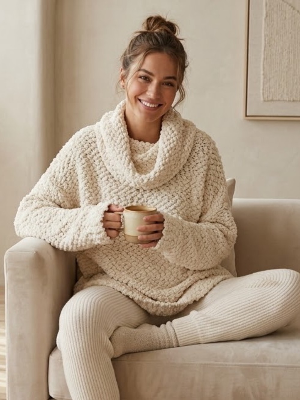 Umgee Cream Chunky Oversized Boucle Knit Cowl Neck Tunic Sweater M Cozy Minimal